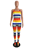 Colourful Casual Polyester Striped Sleeveless Round Neck Ruffle Cami Jumpsuit SH7179
