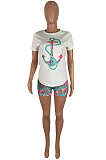 Pink Casual Polyester Animal Graphic Short Sleeve Round Neck Tee Top Shorts Sets ML7333