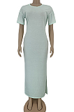 Light Green Casual Polyester Short Sleeve Round Neck Split Hem Long Dress DN8503