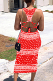 Red Sexy Polyester Sleeveless Square Neck Backless Knotted Strap High Waist Tank Dress SH7177