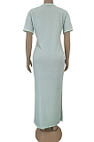 Blue Casual Polyester Short Sleeve Round Neck Split Hem Long Dress DN8503