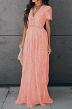 Pink Elegant Short Sleeve V Neck Hollow Out Guipure Lace High Waist Long Dress NS5638