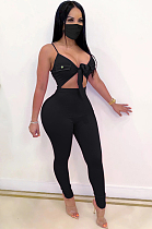 Black Sexy Polyester Sleeveless Tie Front Ruffle Cami Jumpsuit ZS0286