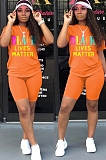 Black Casual Polyester Letter Short Sleeve Round Neck Tee Top Shorts Sets SN3795