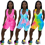 Blue Yellow Casual Polyester Tie Dye Sleeveless Tank Jumpsuit Q551