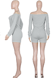 Gray Casual Polyester Long Sleeve Drawstring Waist Utility Blouse Shorts Sets Q548