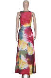 Rose Red Casual Polyester Tie Dye Sleeveless Round Neck Ruched Detail Tank Dress Q556