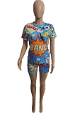 Green Casual Cartoon Graphic Short Sleeve Round Neck Tee Top Shorts Sets SDE2650