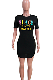 Black Casual Polyester Letter Short Sleeve Round Neck High Waist Mini Dress SN3794