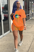 Orange Casual Polyester Mouth Graphic Short Sleeve Round Neck Tee Top Shorts Sets AMM8219