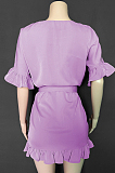 Khaki Casual Cotton Short Sleeve Round Neck Flounce Waist Tie Mid Waist Dress MGN1991