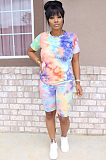 Green Powder Blue purple Casual Polyester Tie Dye Short Sleeve Round Neck Tee Top Shorts Sets SN3799