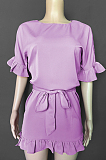 violet  Casual Cotton Short Sleeve Round Neck Flounce Waist Tie Mid Waist Dress MGN1991