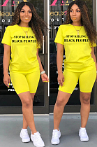 Yellow Casual Polyester Letter Short Sleeve Round Neck Tee Top Shorts Sets SN3787