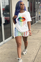 White Casual Polyester Mouth Graphic Short Sleeve Round Neck Tee Top Shorts Sets AMM8219