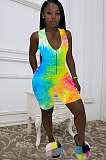 Blue Pink Casual Polyester Tie Dye Sleeveless Tank Jumpsuit Q551