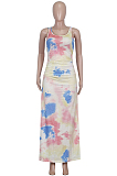 Pink Casual Polyester Tie Dye Sleeveless Round Neck Ruched Detail Tank Dress Q556
