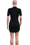 Black Casual Polyester Letter Short Sleeve Round Neck High Waist Mini Dress SN3794
