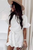 White Casual Cotton Short Sleeve Round Neck Flounce Waist Tie Mid Waist Dress MGN1991
