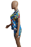 Blue  Casual Cartoon Graphic Short Sleeve Round Neck Tee Top Shorts Sets SDE2650