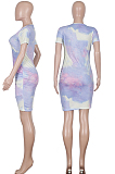 Light Blue Casual Polyester Tie Dye Short Sleeve Round Neck Ruched Detail Mini Dress Q552