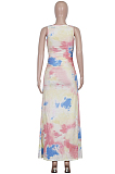 Pink Casual Polyester Tie Dye Sleeveless Round Neck Ruched Detail Tank Dress Q556