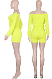 Yellow Casual Polyester Long Sleeve Drawstring Waist Utility Blouse Shorts Sets Q548