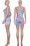Blue Pink Casual Polyester Tie Dye Sleeveless Round Neck Cami Jumpsuit Q550