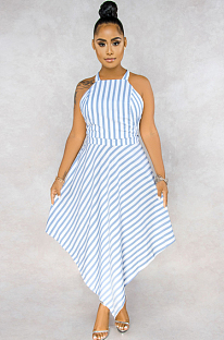Light Blue Elegant Cotton Striped Sleeveless Halterneck Mid Waist Long Dress CX213