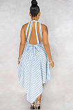 Light Blue Elegant Cotton Striped Sleeveless Halterneck Mid Waist Long Dress CX213