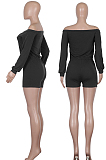 Black Casual Polyester Long Sleeve Drawstring Waist Utility Blouse Shorts Sets Q548