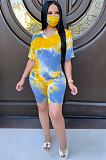 Yellow Blue Casual Polyester Tie Dye Short Sleeve V Neck Tee Top Shorts Sets SN3813
