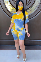 Yellow Blue Casual Polyester Tie Dye Short Sleeve V Neck Tee Top Shorts Sets SN3813