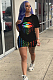 Black Casual Polyester Mouth Graphic Short Sleeve Round Neck Tee Top Shorts Sets AMM8219