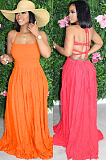 Orange Casual Polyester Sleeveless Backless Frill Trim High Waist A Line Dress AL105