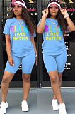 Blue Casual Polyester Letter Short Sleeve Round Neck Tee Top Shorts Sets SN3795