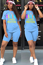 Blue Casual Polyester Letter Short Sleeve Round Neck Tee Top Shorts Sets SN3795