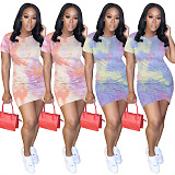 Light Blue Casual Polyester Tie Dye Short Sleeve Round Neck Ruched Detail Mini Dress Q552