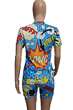 Blue  Casual Cartoon Graphic Short Sleeve Round Neck Tee Top Shorts Sets SDE2650