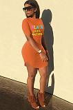 Orange Casual Polyester Letter Short Sleeve Round Neck High Waist Mini Dress SN3794