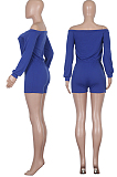 Blue Casual Polyester Long Sleeve Drawstring Waist Utility Blouse Shorts Sets Q548