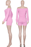 Pink Casual Polyester Long Sleeve Drawstring Waist Utility Blouse Shorts Sets Q548