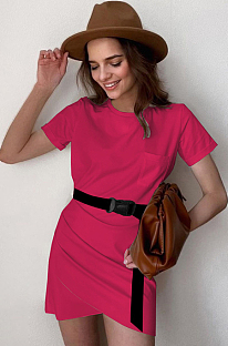 Rose Red Casual Cotton Pure color Short Sleeve Round Neck Ruffle Mid Waist Bodycon Skirt MGN1990