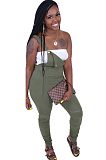 Olive Green Casual Polyester Buttoned Ruffle Mid Waist Long Pants S6220