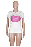 Pink Casual Polyester Mouth Graphic Short Sleeve Round Neck Tee Top Q582