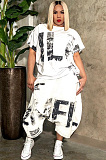 Black Casual Polyester Letter Short Sleeve Round Neck Utility Blouse Wide Leg Pants Sets OMY8055