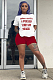 Wine Red Casual Polyester Letter Short Sleeve Round Neck Tee Top Shorts Sets LMM8155