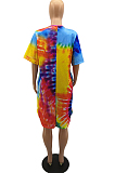 Red Casual Polyester Tie Dye Short Sleeve Round Neck Shift Dress H1203