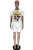Yellow Casual Polyester Cartoon Graphic Short Sleeve Round Neck Tee Top Shorts Sets BM7062