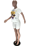 Yellow Casual Polyester Cartoon Graphic Short Sleeve Round Neck Tee Top Shorts Sets BM7062